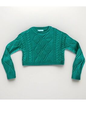 Women Sz S Cable Knit Cropped Long Sleeve Sweater Shirt Hot Green Pullover Used